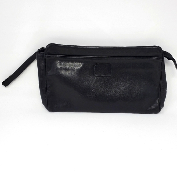 VINTAGE GANSON BLACK LEATHER CLUTCH WRIST STRAP PURSE 1980S ZIPPER TOP CLOSURE - Picture 1 of 13
